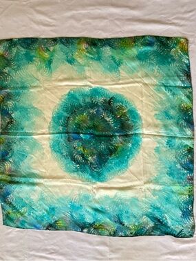 Vintage Pure Silk Peacock Marbled Scarf | Hand Rolled Hem Made in Japan | 30x30